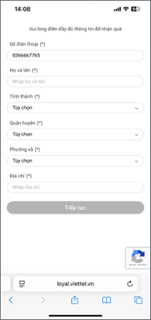 Form điền thông tin nhận quà Viettel